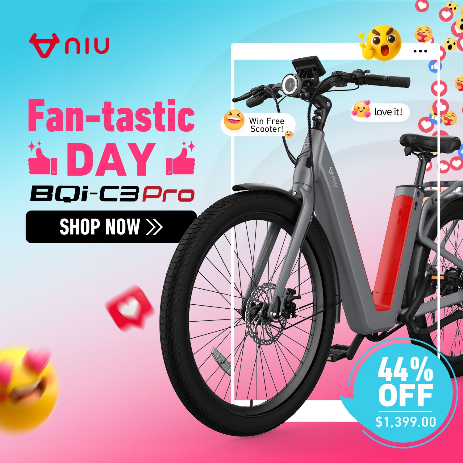 NIU BQi-C3 Pro Ebike Glossy Gray Speed 28mph | Range 90 miles