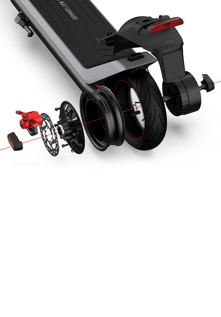 Detailed view of an electric scooter's wheel and suspension system on a white background