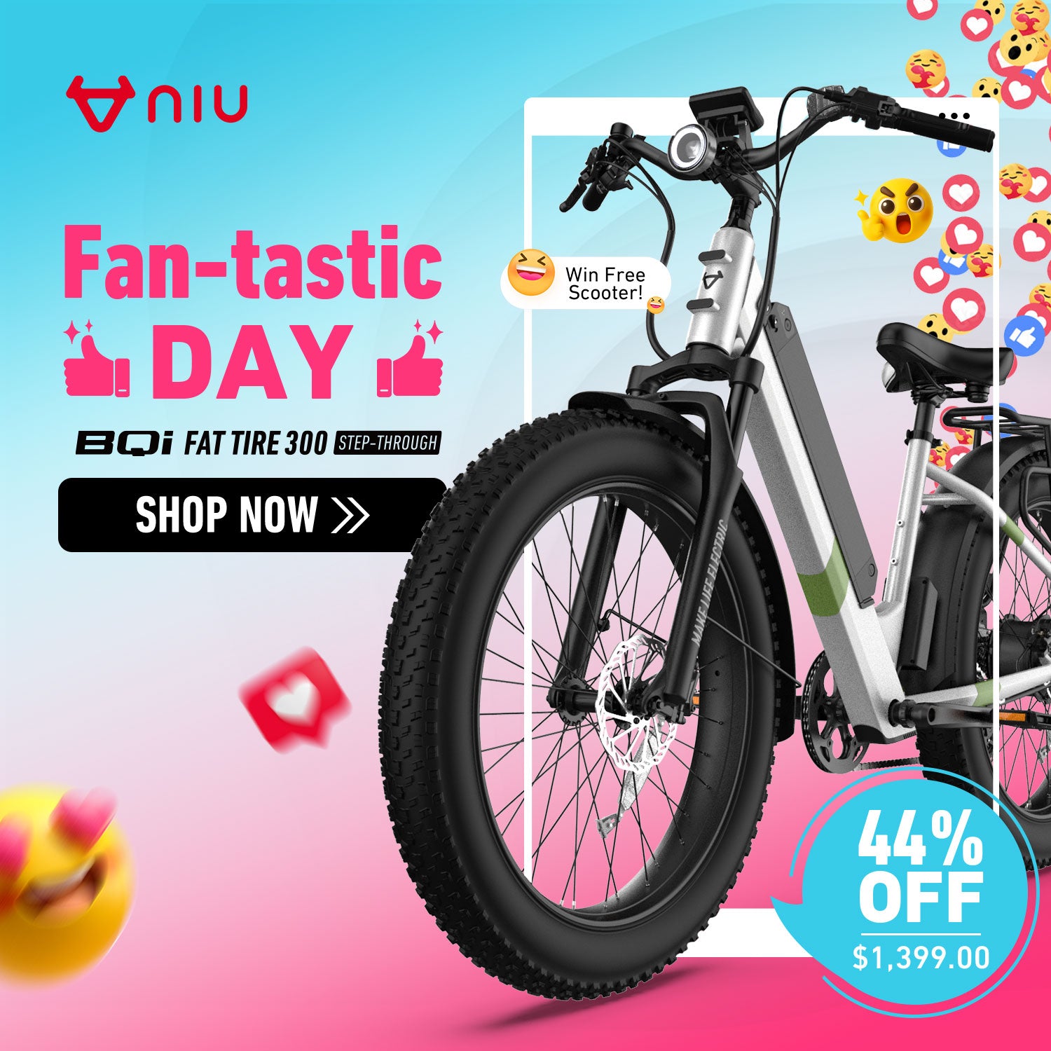 BQi Fat Tire 300 Off-Road Ebike (Step-through) Yellow Speed 28mph | 50 miles
